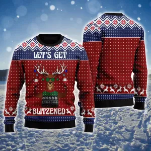 Reindeer Ugly Sweater, Lets Get Blitzened Ugly Sweater, Funny Reindeer Pattern Brown Sweater