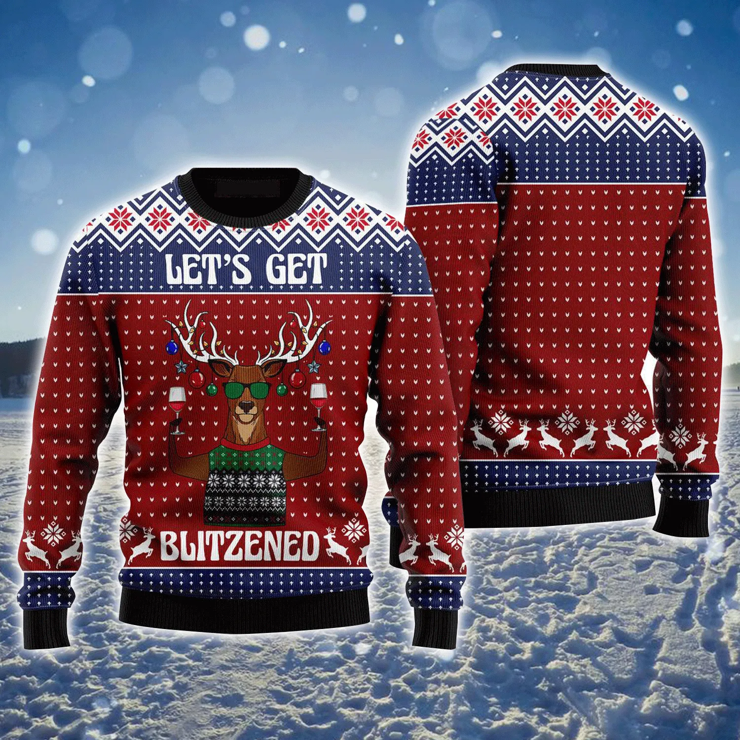 Reindeer Ugly Sweater, Lets Get Blitzened Ugly Sweater, Funny Reindeer Pattern Brown Sweater